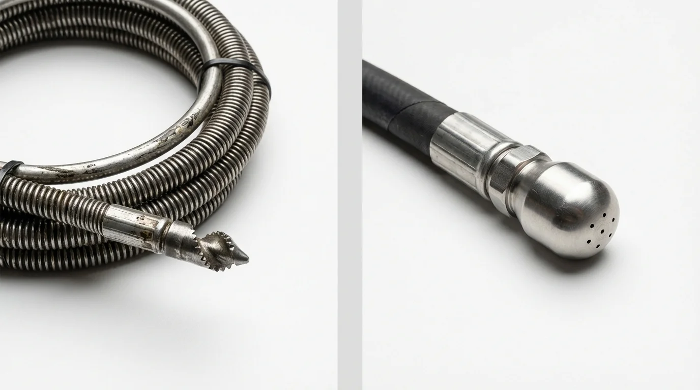 Drain snake cable and hydro jetting nozzle used for drain cleaning in Newtown, PA
