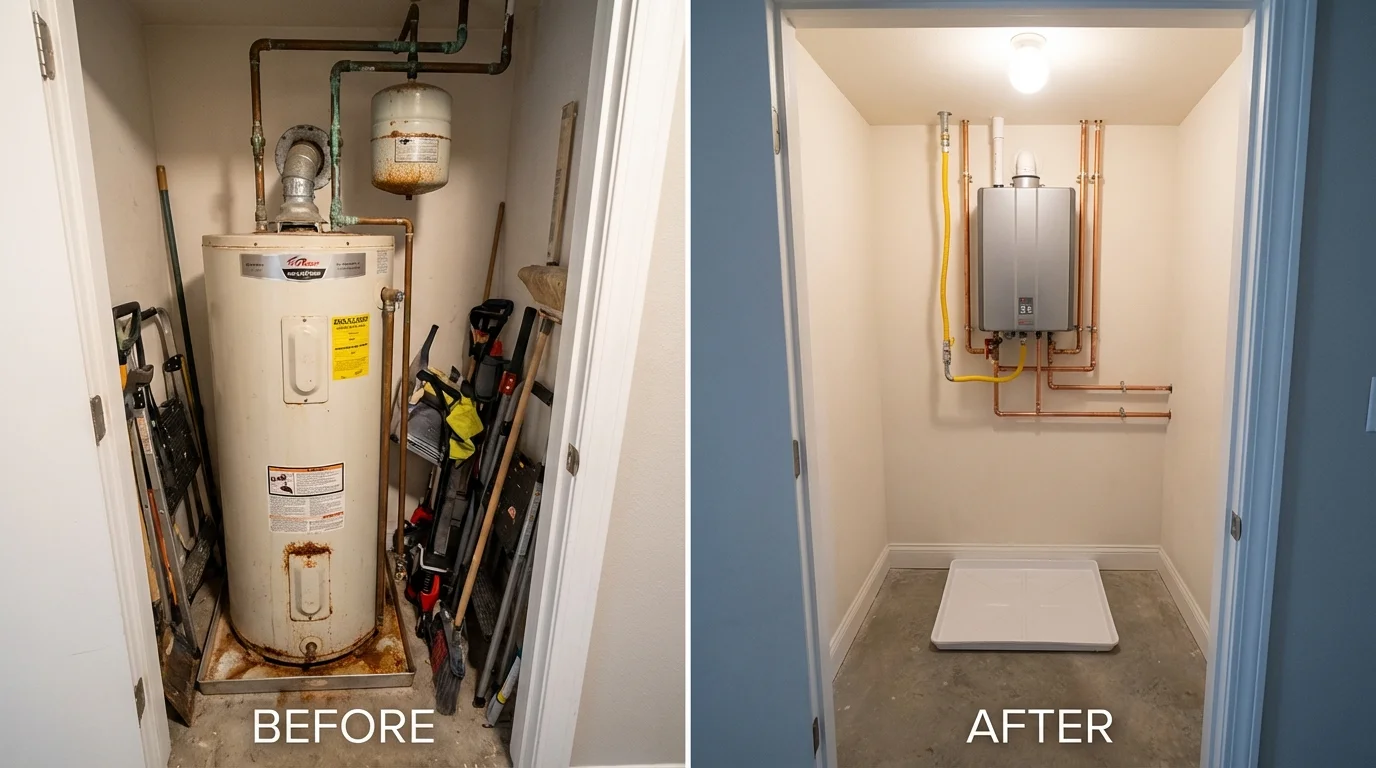 Tank water heater versus wall-mounted tankless unit comparison for Newtown, PA homeowners