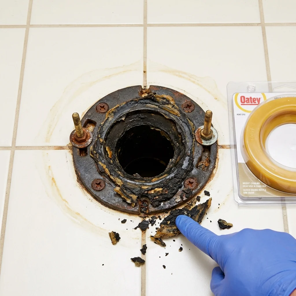 Failed wax ring showing water seepage at the base of a toilet in a Newtown, PA home