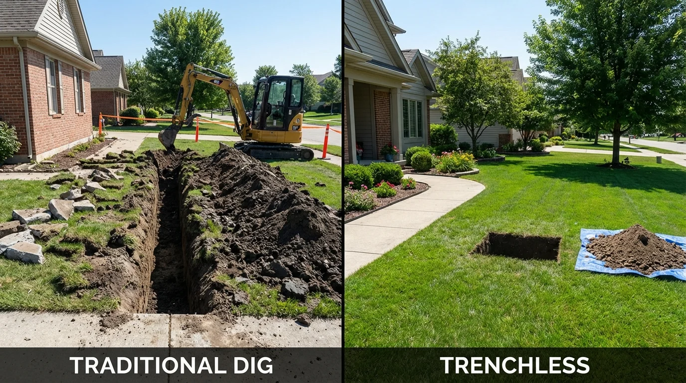 Trenchless sewer repair with minimal yard damage versus traditional excavation in Newtown, PA