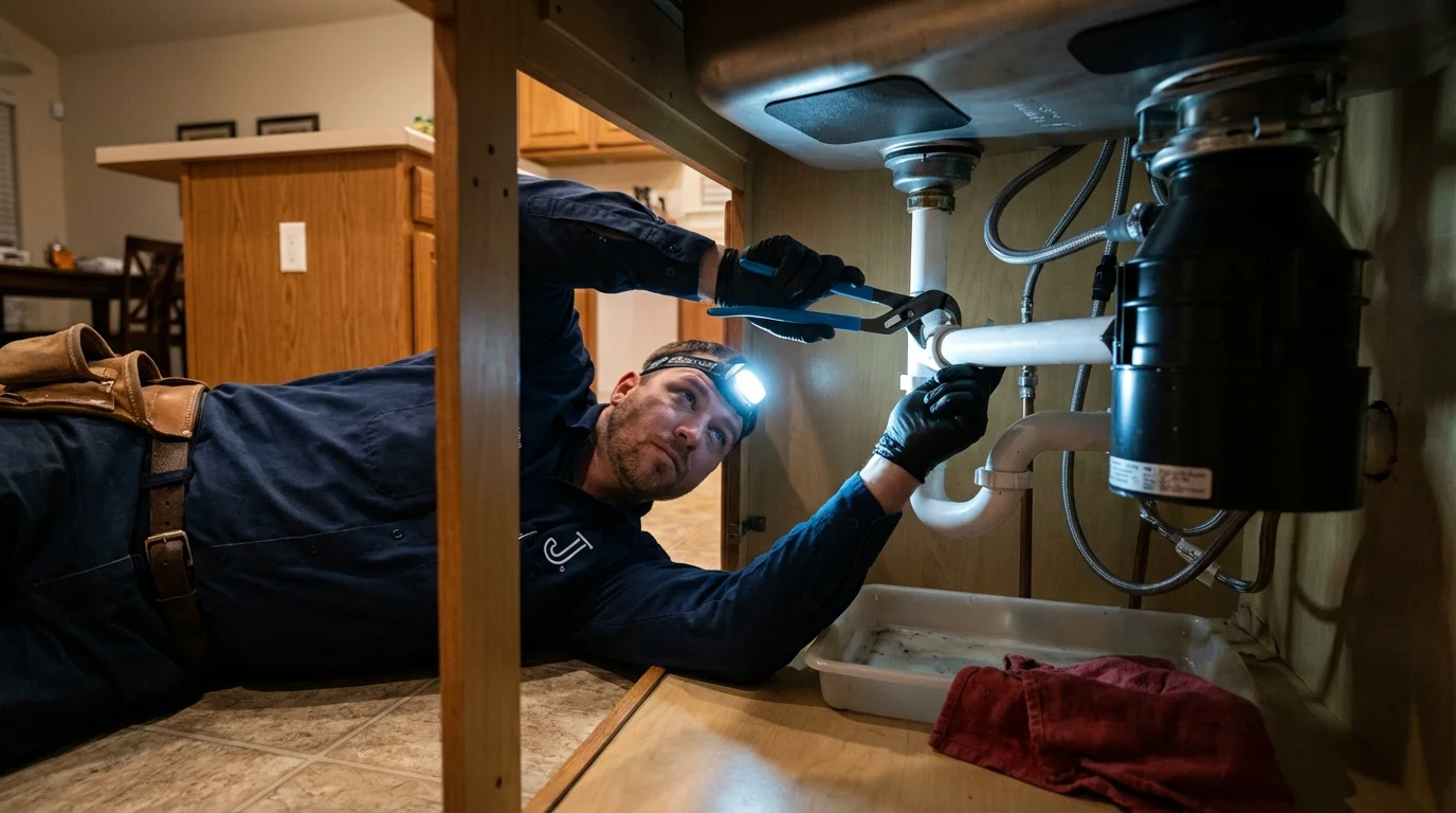 P-trap and supply line connections under a kitchen sink showing a common leak point in Newtown, PA